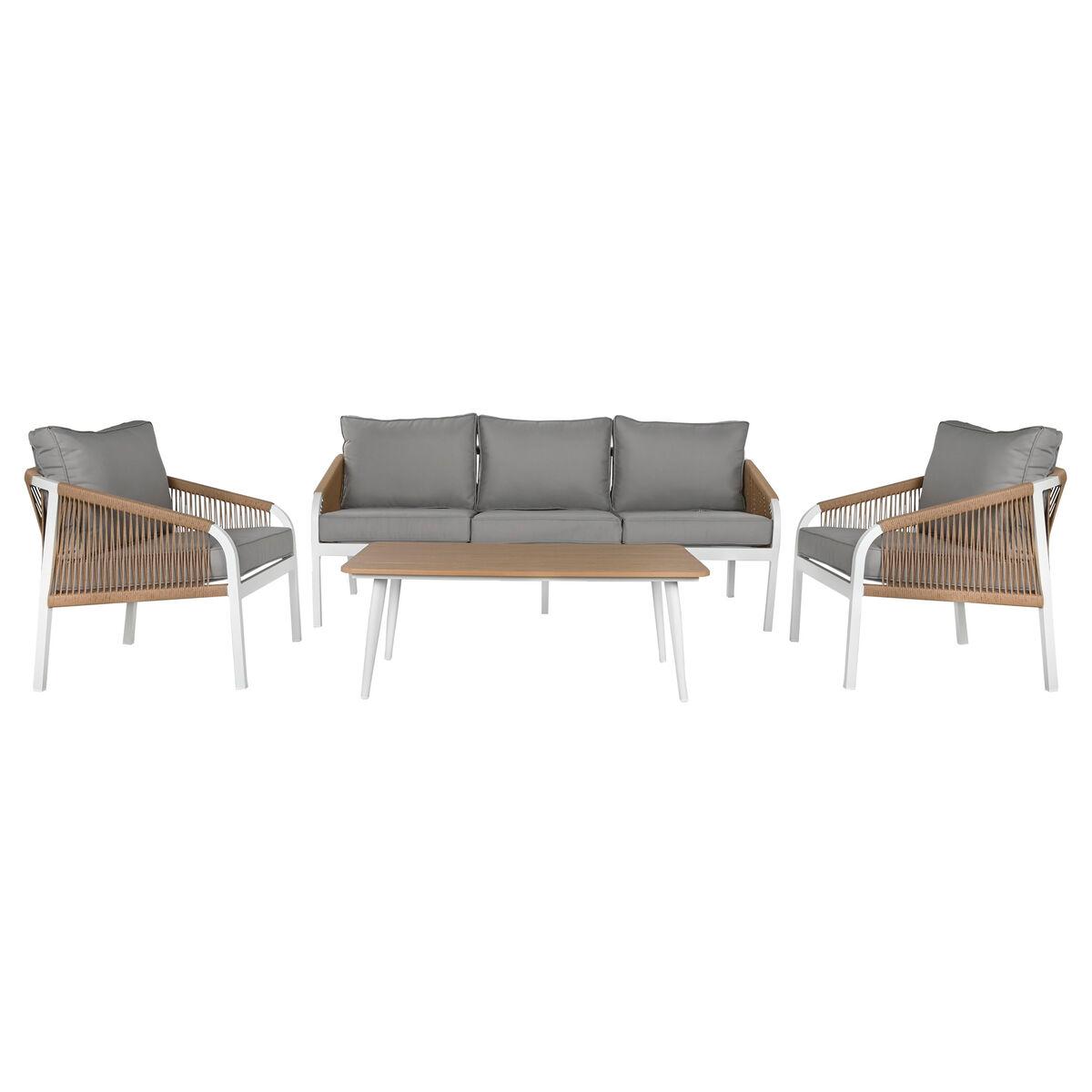 Conjunto de Mesa con 3 Sillones Home ESPRIT Blanco Natural Gris claro 189 x 73 x 84 cm (4 Piezas)