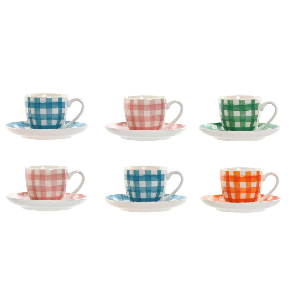 Juego de 6 Tazas con Plato Home ESPRIT Azul Blanco Verde Naranja Rosa Porcelana Rayas Mediterráneo 90 ml