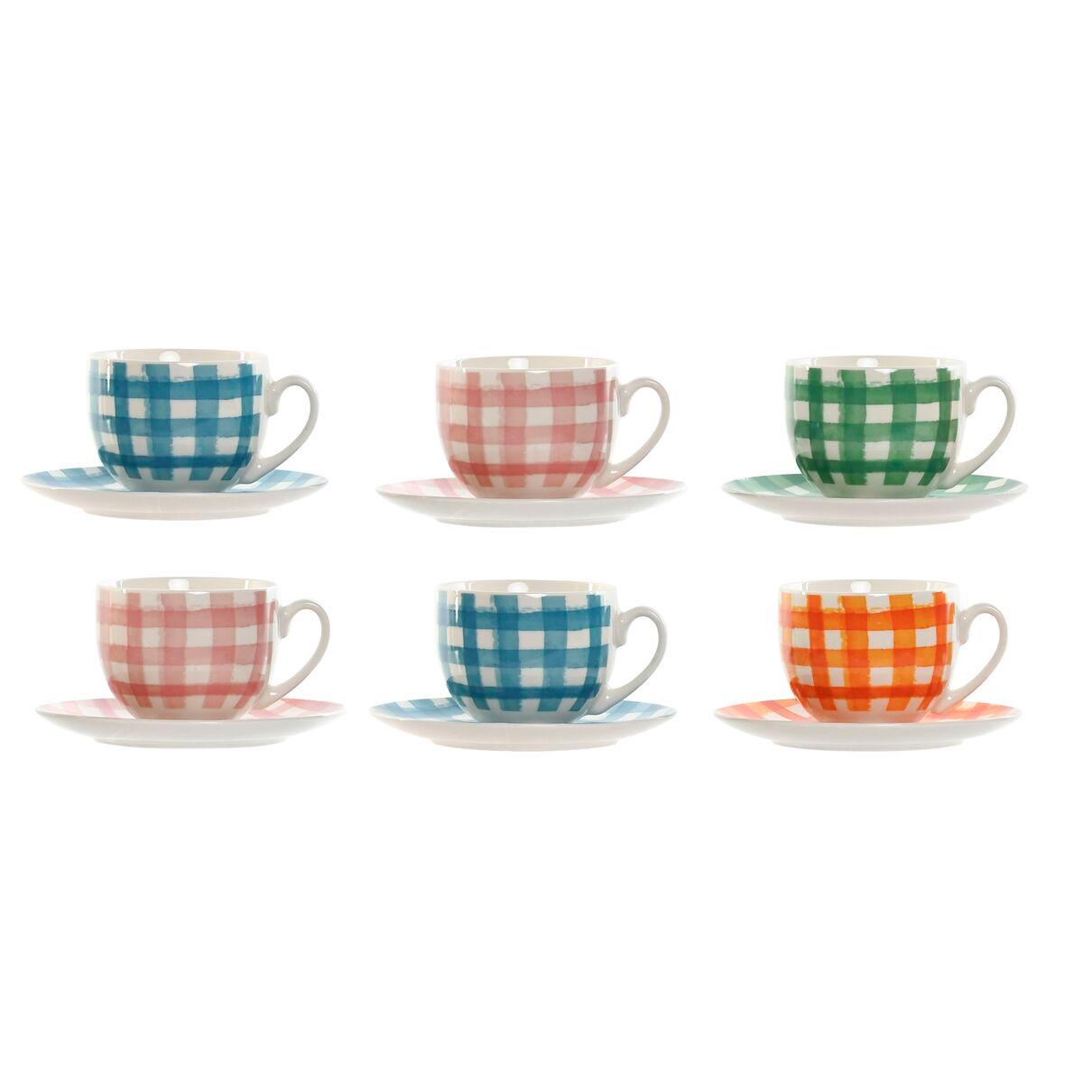 Juego de 6 Tazas con Plato Home ESPRIT Azul Verde Naranja Rosa Porcelana Rayas Mediterráneo 240 ml