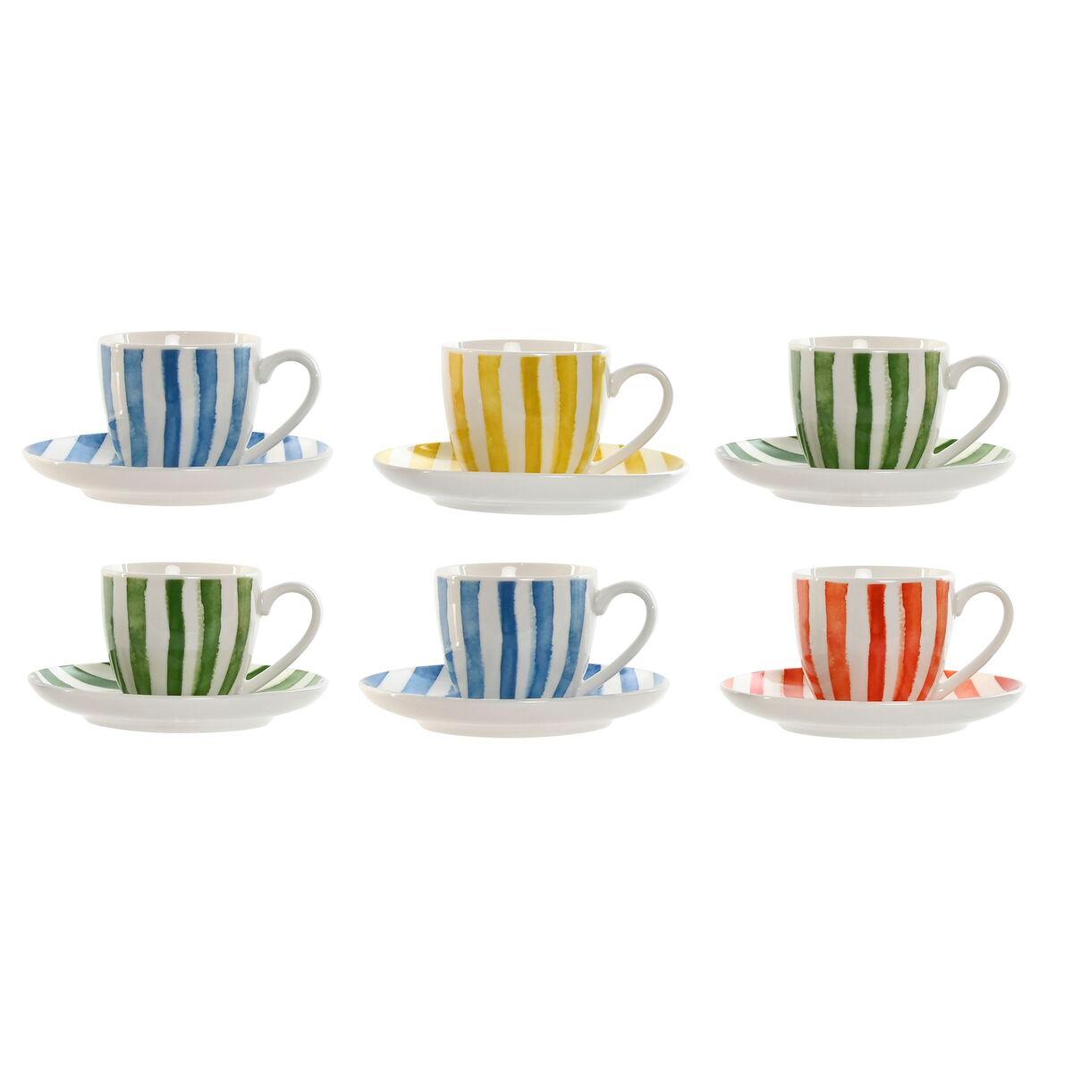 Juego de 6 Tazas con Plato Home ESPRIT Amarillo Azul Verde Coral Porcelana Rayas Mediterráneo 90 ml