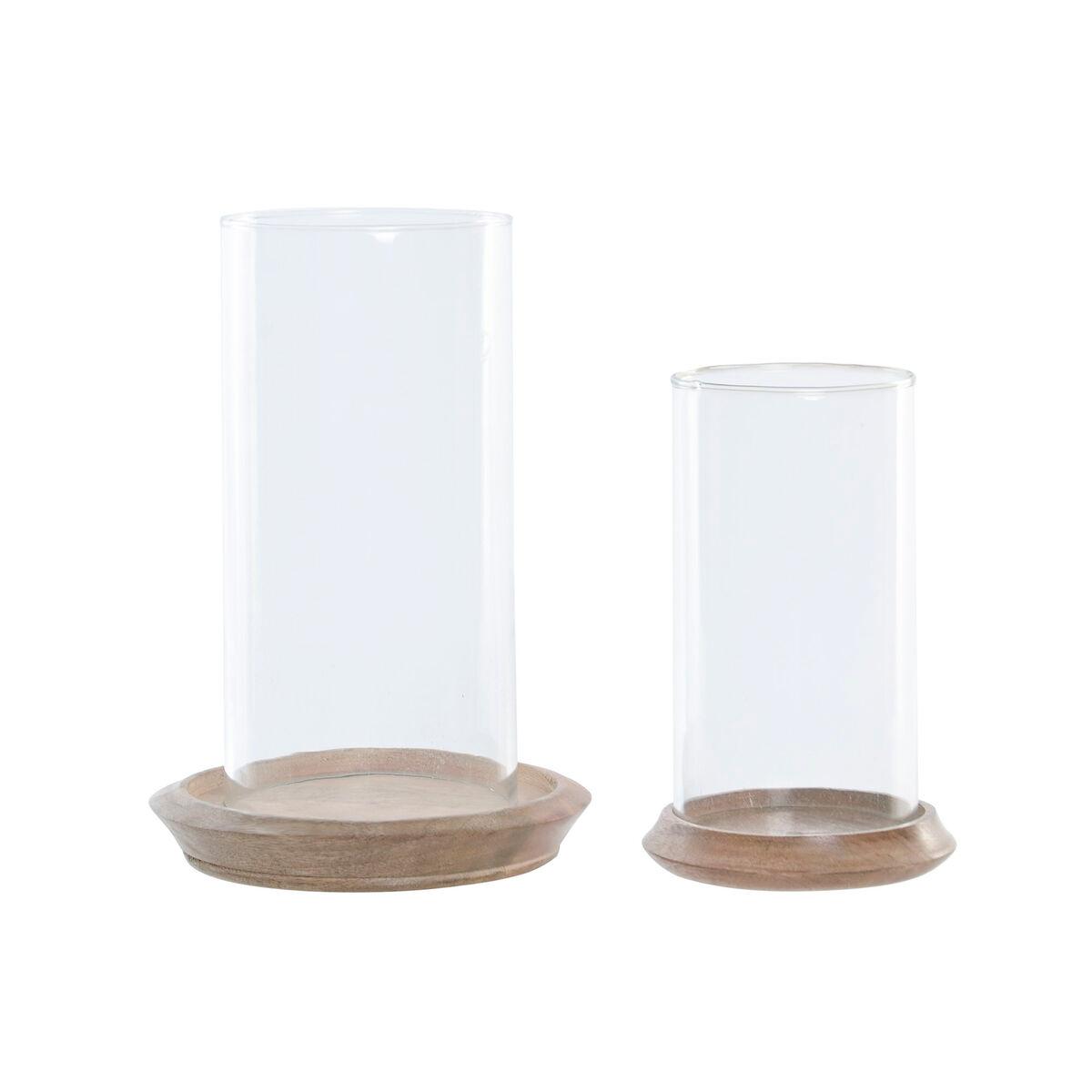 Portavelas Home ESPRIT Marrón Natural Cristal Madera de mango 19 x 19 x 26 cm (2 Unidades)