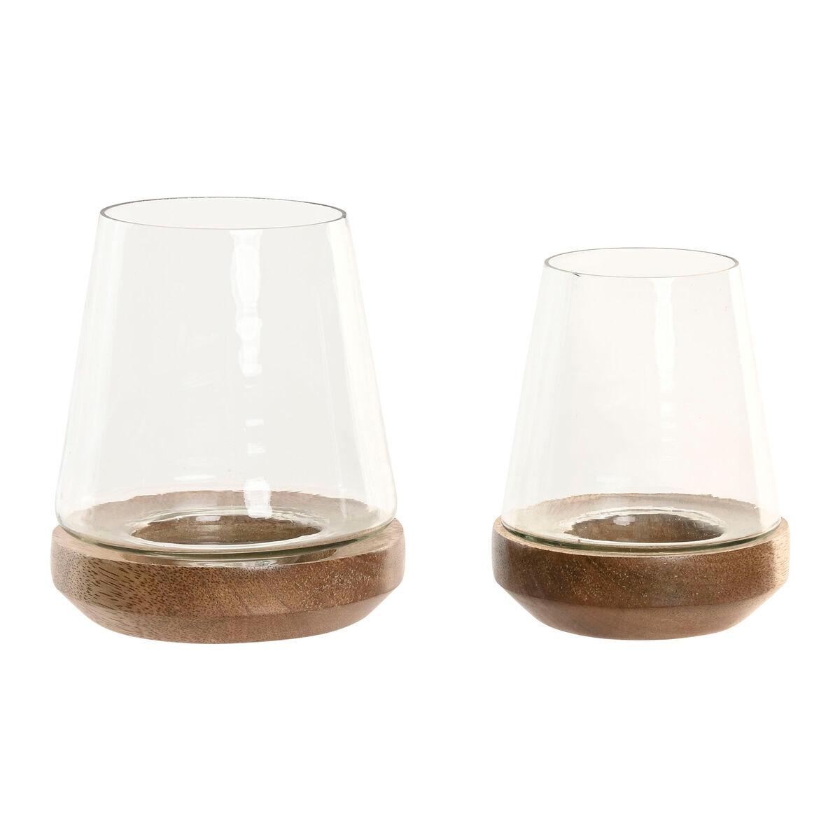 Portavelas Home ESPRIT Marrón Natural Cristal Madera de mango 12 x 12 x 15 cm (2 Unidades)