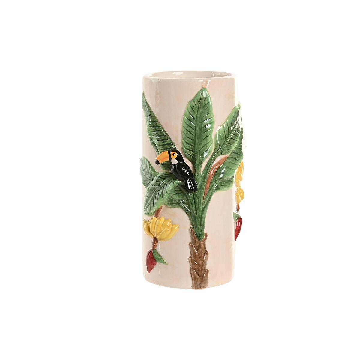 Jarrón Home ESPRIT Verde Beige Cerámica Pájaros Tropical 12 x 12 x 22 cm