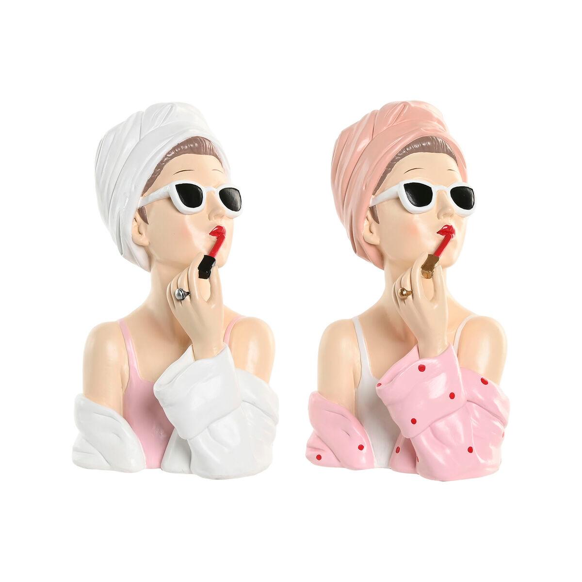 Figura Decorativa Home ESPRIT Blanco Rosa Mujer 15,5 X 15 X 27 CM (2 Unidades)
