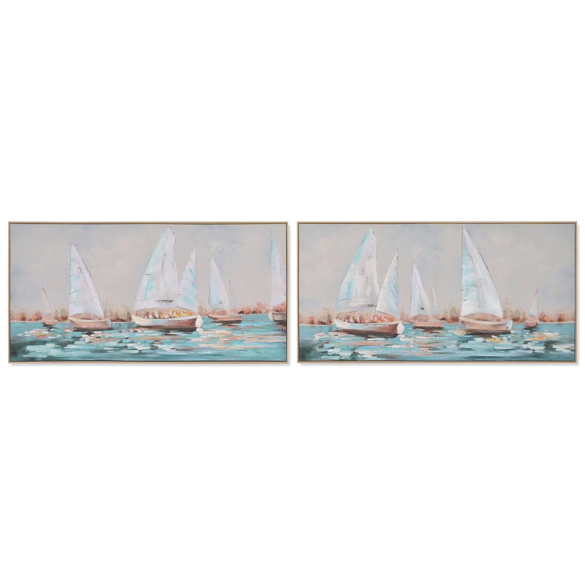 Lienzo Home ESPRIT Blanco Turquesa Veleros Mediterráneo 120 x 3,8 x 60 cm (2 Unidades)