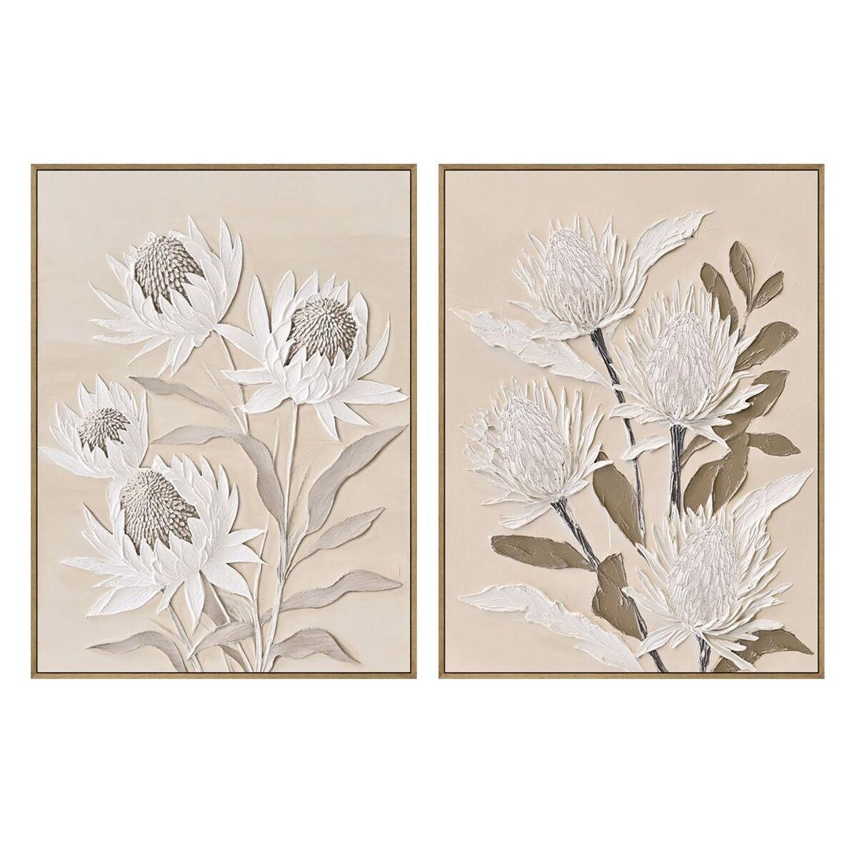 Lienzo Home ESPRIT Blanco Beige Flores Tradicional 60 X 3,7 X 80 CM (2 Unidades)