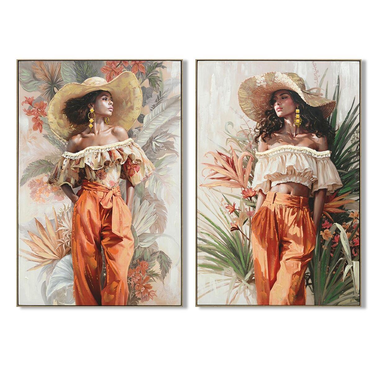 Lienzo Home ESPRIT Verde Naranja Sombrero Tropical 82 x 4 x 122 cm (2 Unidades)