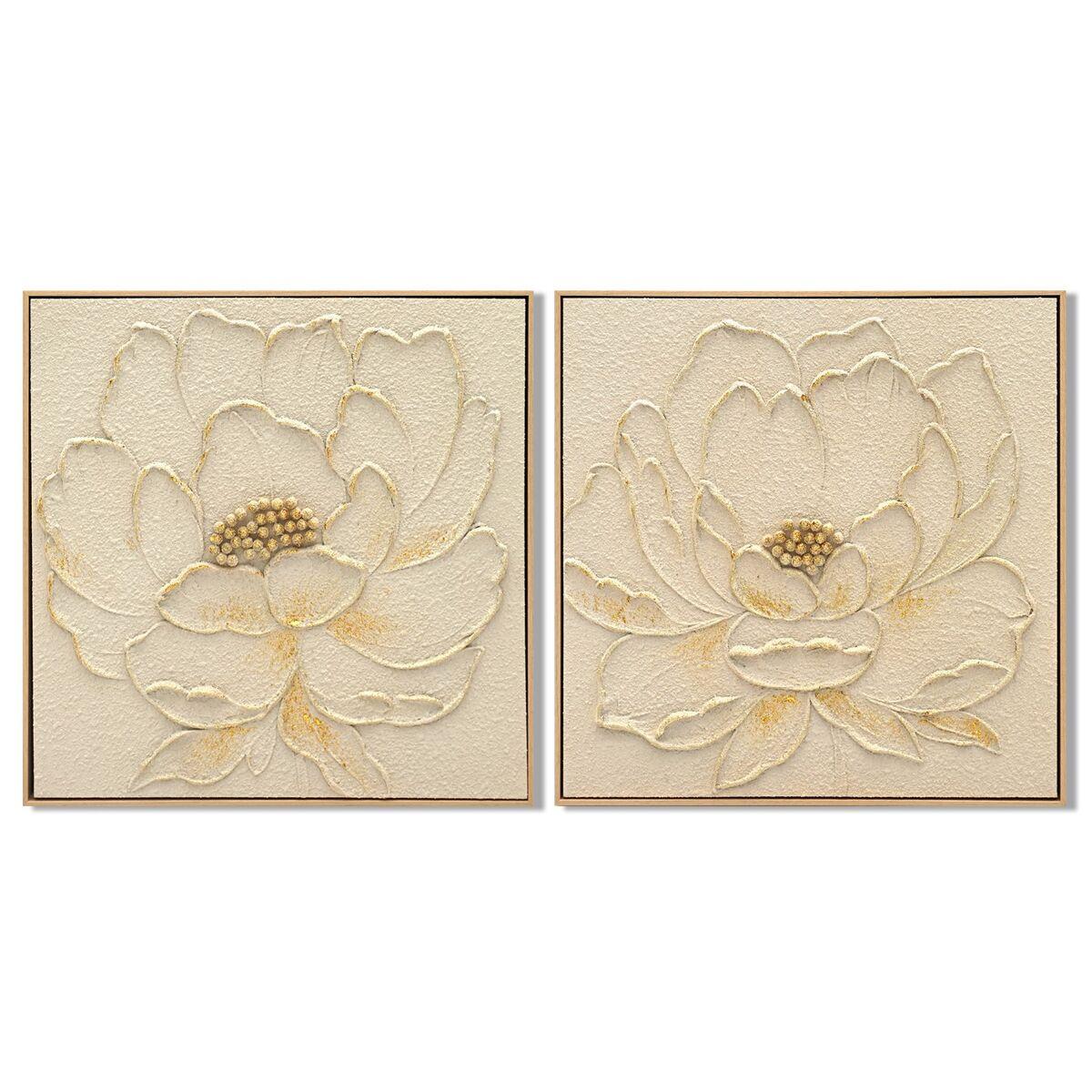 Lienzo Home ESPRIT Beige Dorado Flor Shabby Chic 62 x 4,5 x 62 cm (2 Unidades)