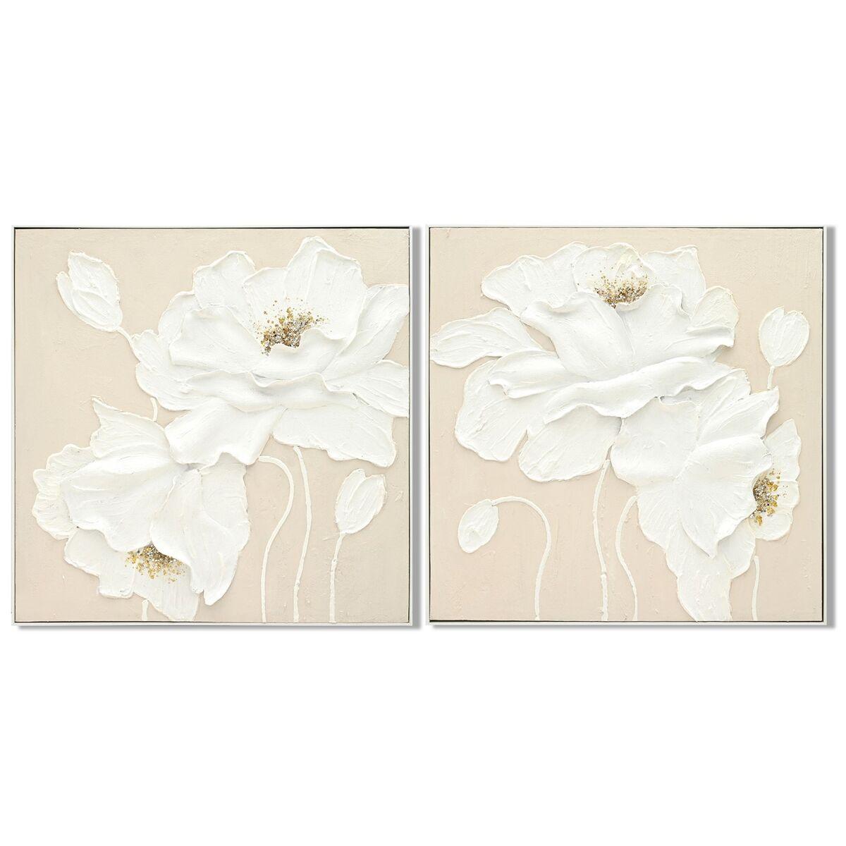 Lienzo Home ESPRIT Blanco Beige Flor Shabby Chic 82 x 5 x 82 cm (2 Unidades)