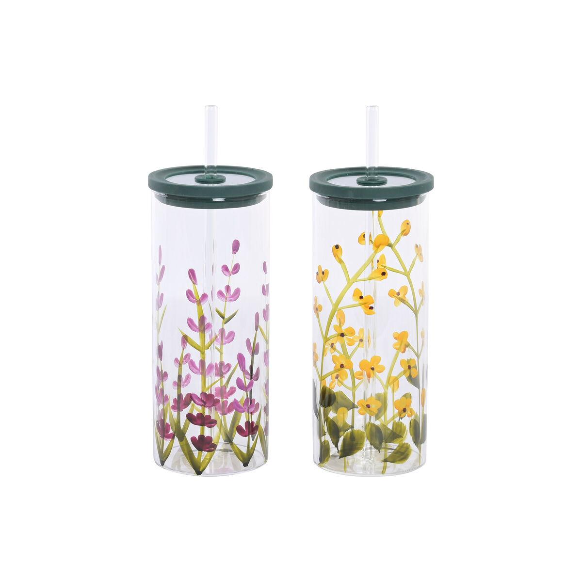 Vaso con Pajita Home ESPRIT Multicolor Silicona Vidrio de Borosilicato (2 Unidades)