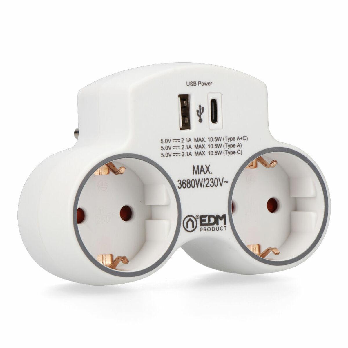 Enchufe Pared con 2 Puertos USB EDM 40205 Blanco 230 V 16 A