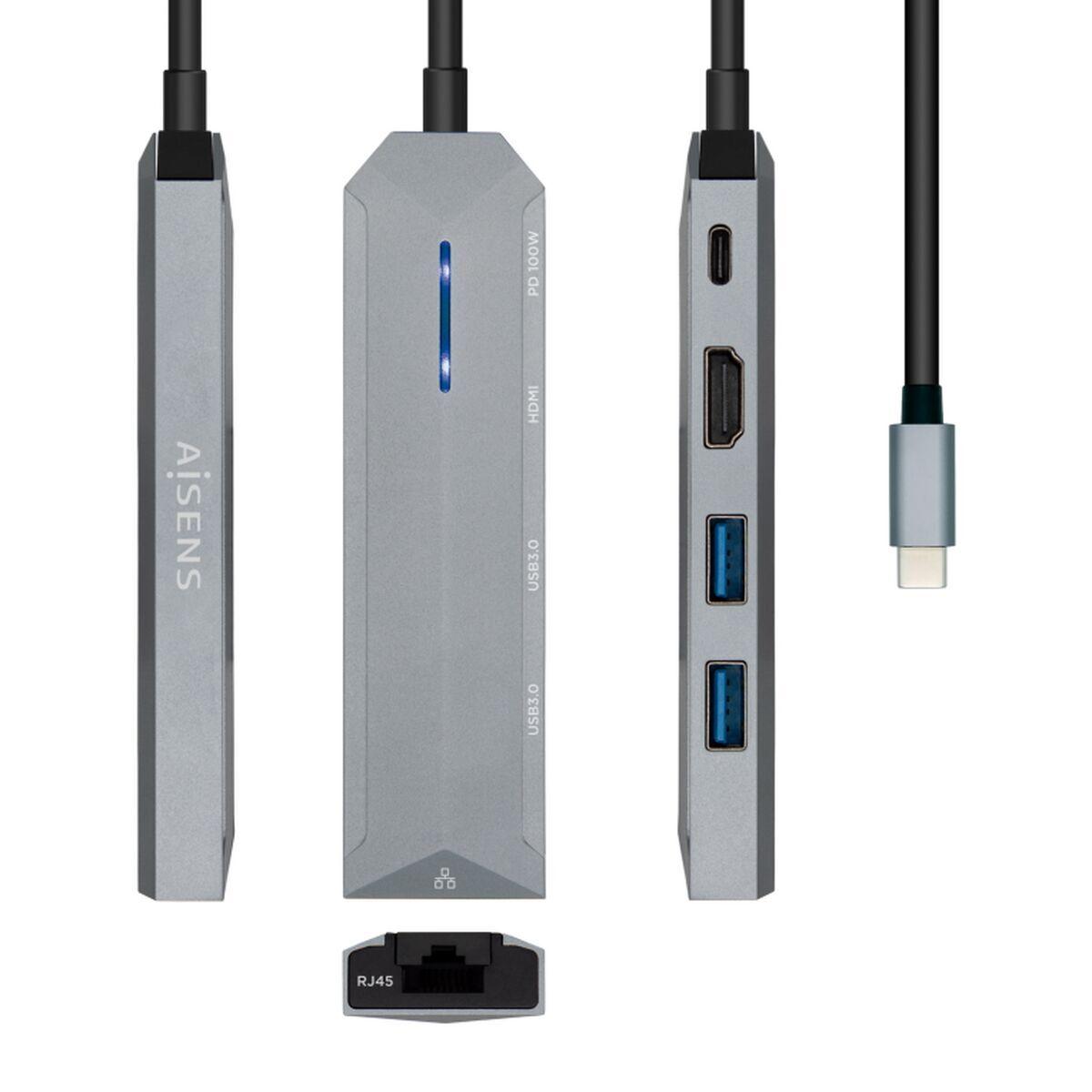 Hub USB-C Aisens ASUC-5P003-GR Negro Gris 100 W