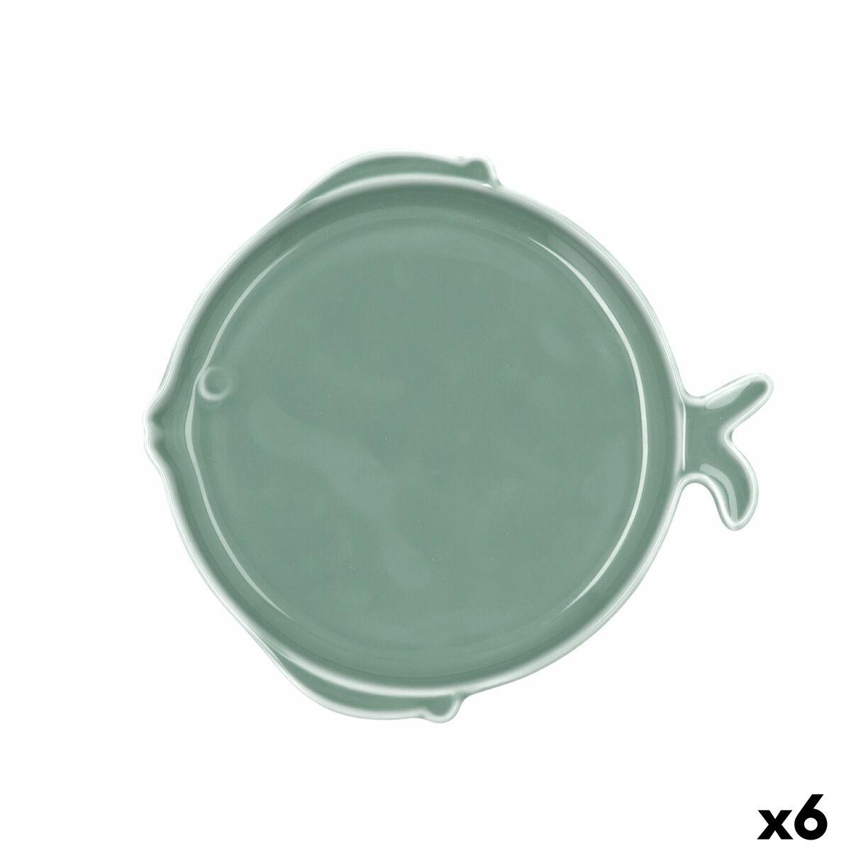 Plato Llano Bidasoa Aura Stela Verde Cerámica Pez 19 x 18 x 2 cm (6 Unidades)
