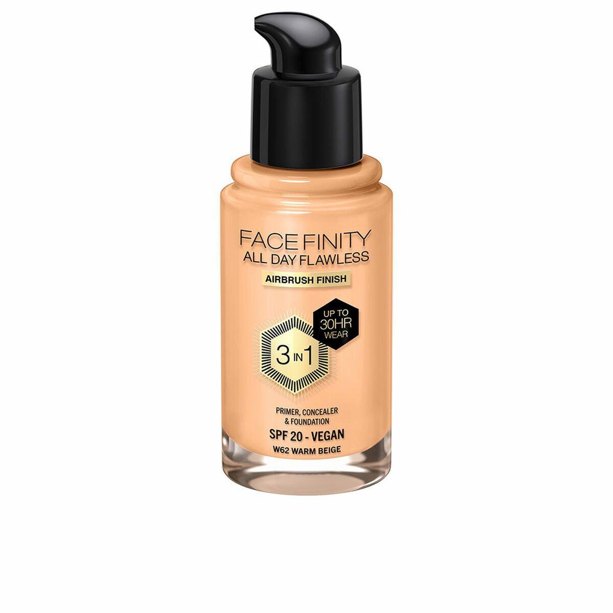 Base de Maquillaje Cremosa Max Factor Face Finity All Day Flawless Nº W62 Warm beige W62-Warm Beige Spf 20 30 ml 3 en 1