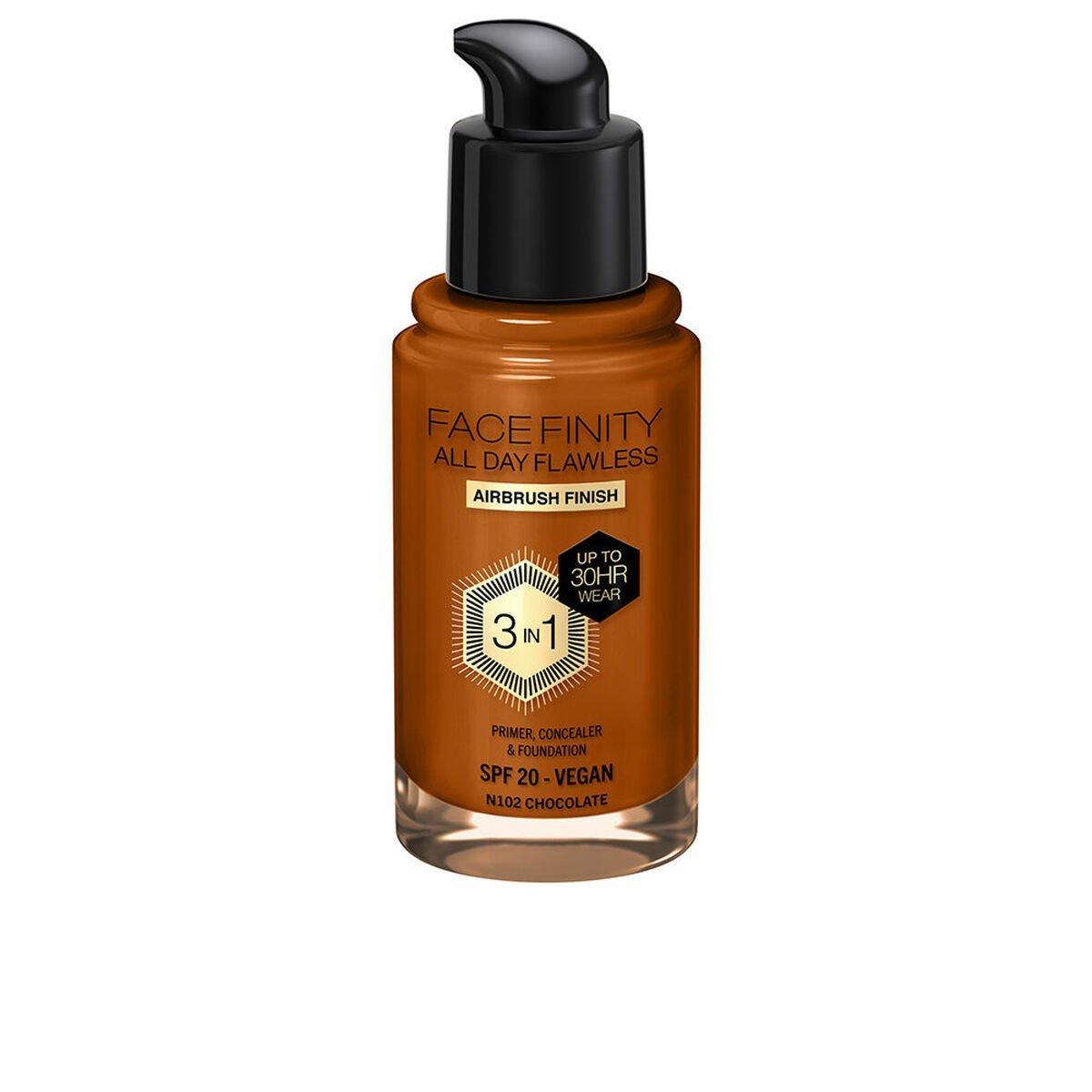 Base de Maquillaje Cremosa Max Factor Face Finity All Day Flawless Nº N102 Chocolate N102-Chocolate Spf 20 30 ml 3 en 1