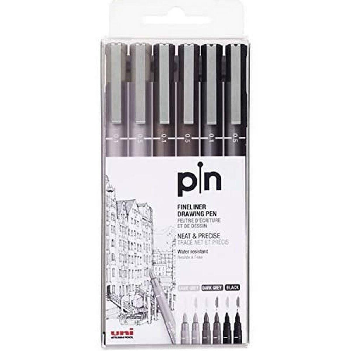 Rotulador permanente Uni-Ball PIN-200(S) Negro Gris Multicolor 6 Piezas