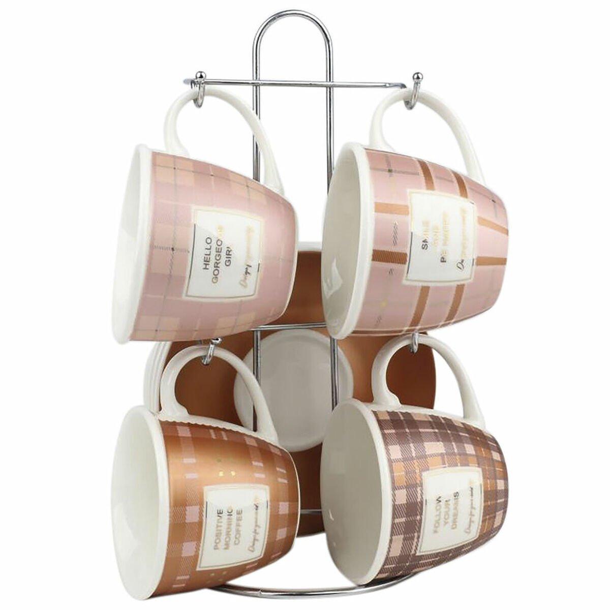 Juego de Tazas de Café DKD Home Decor Blanco Marrón Rosa Metal Porcelana 210 ml