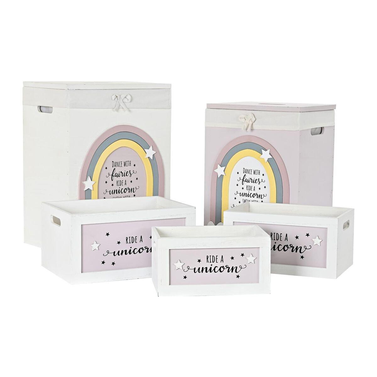 Juego de Cestos DKD Home Decor Amarillo Blanco Gris Rosa Madera de Paulonia Infantil 40 x 30 x 55 cm 5 Piezas (5 Unidades)