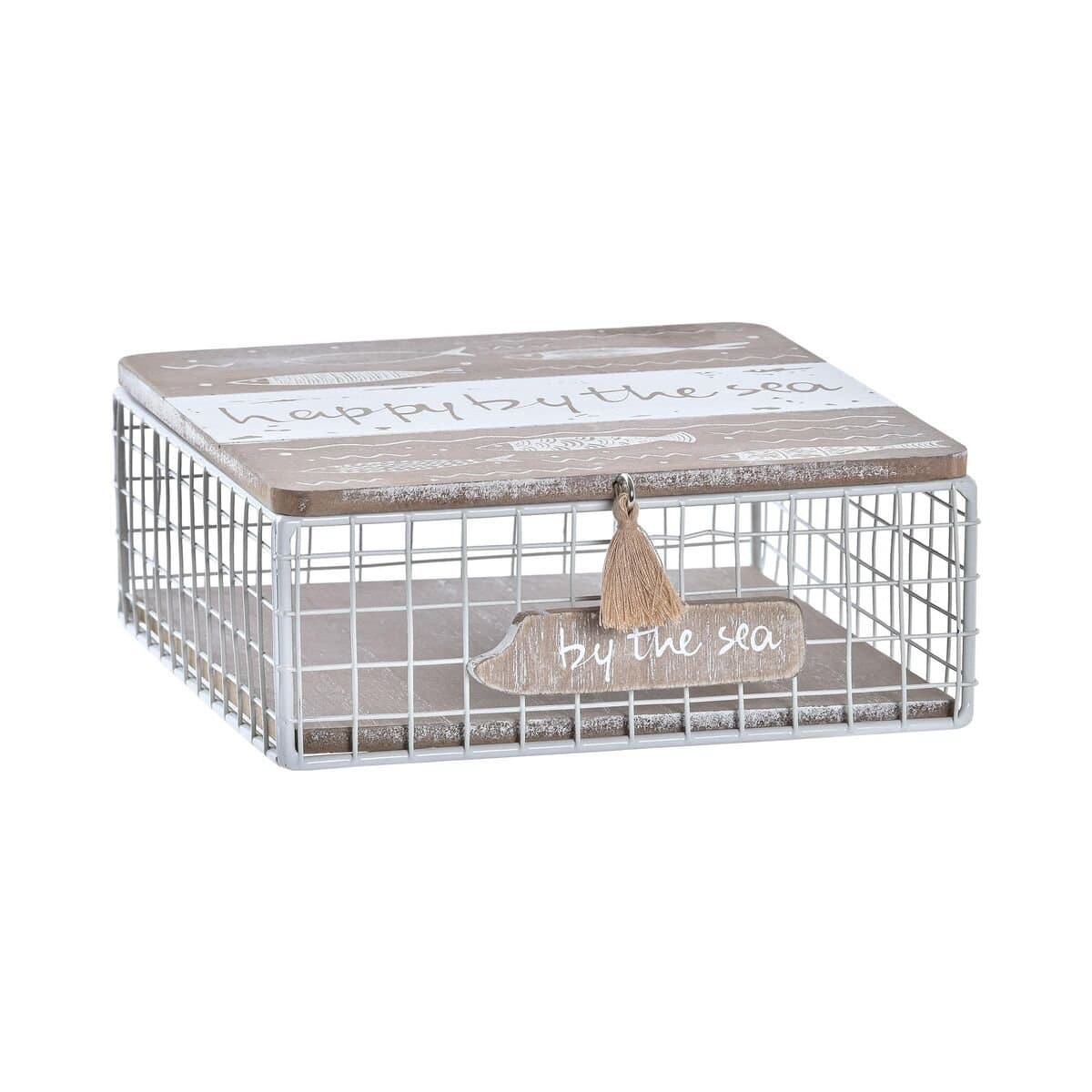 Caja Decorativa DKD Home Decor Blanco Marrón Madera Metal Espirales Mediterráneo