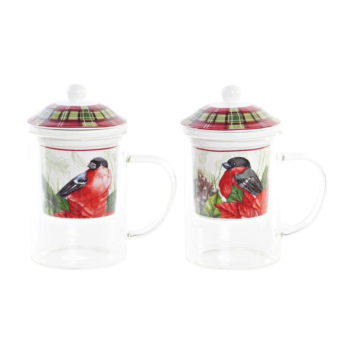 Taza para Infusión DKD Home Decor Pájaro Cristal Porcelana Rojo (300 ml) (2 Unidades)