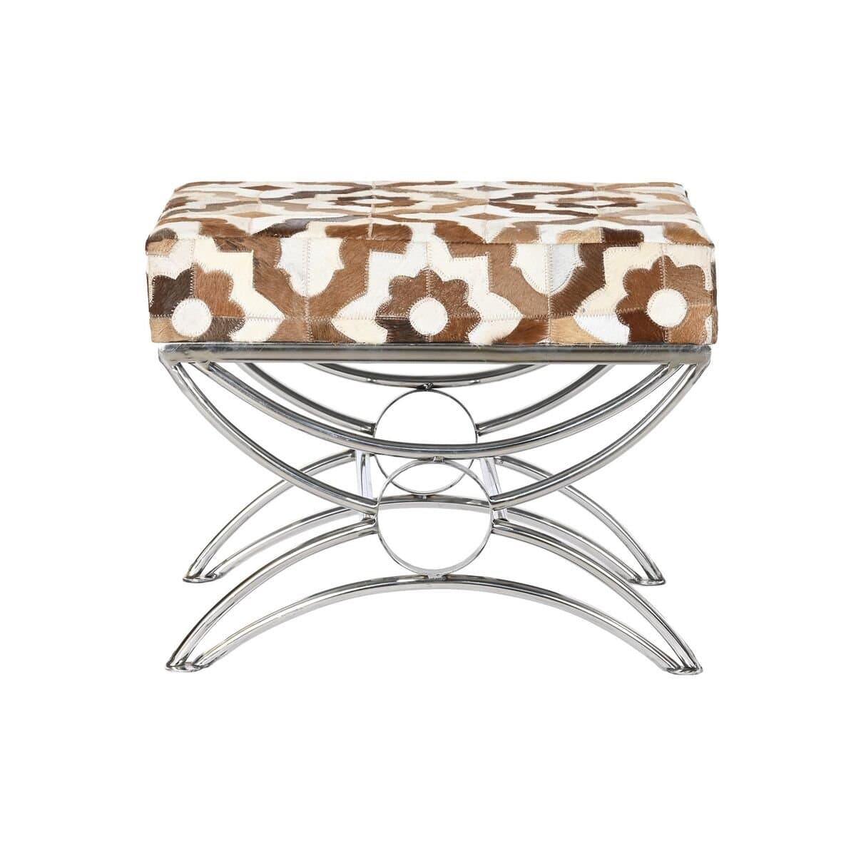 Banqueta DKD Home Decor Plateado Marrón Acero Piel Blanco (53 x 40 x 43 cm)
