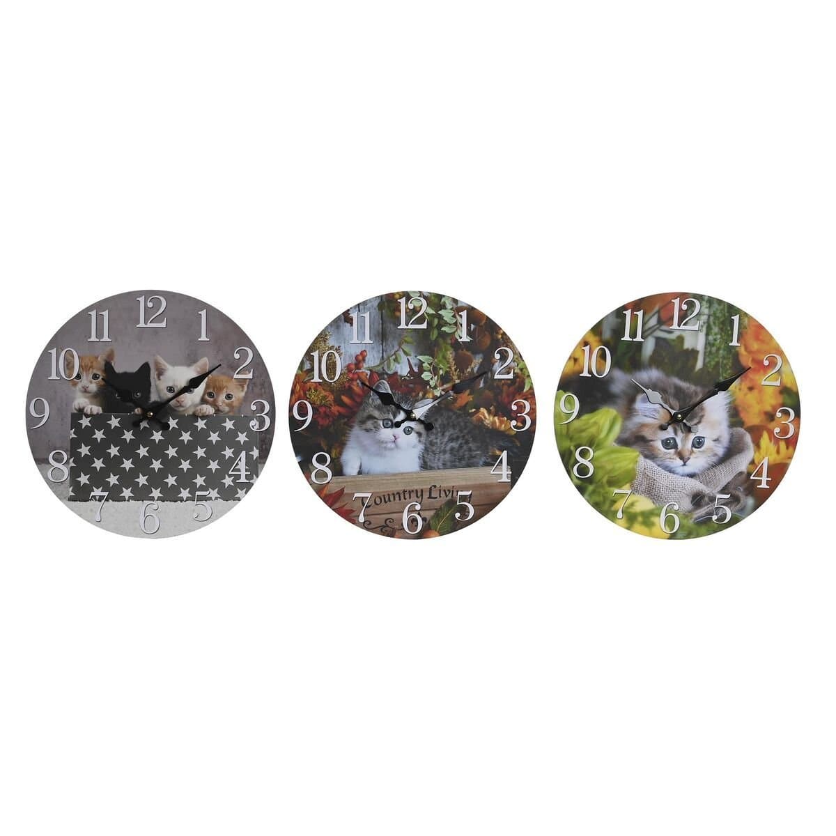 Reloj de Pared DKD Home Decor Multicolor Gatos Madera MDF (34 x 4 x 34 cm) (3 Unidades)