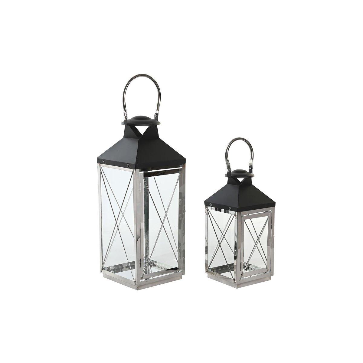 Set de faroles DKD Home Decor Negro Cristal Acero Moderno Cromado 18 x 18 x 43 cm (2 Piezas)