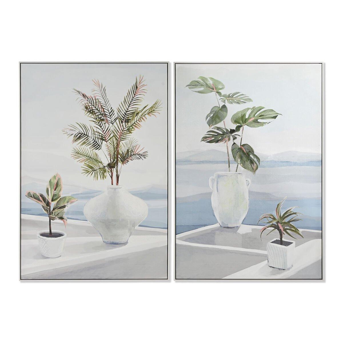 Lienzo Home ESPRIT Azul Blanco Verde Escandinavo Planta 80 x 3,5 x 120 cm (2 Unidades)