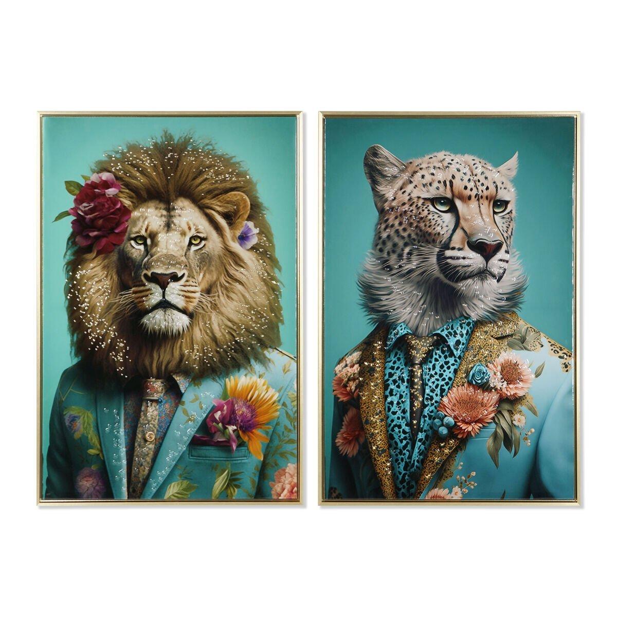Lienzo Home ESPRIT Azul Leopardo Colonial León 63 x 3,5 x 93 cm 93 x 3,5 x 63,5 cm 63,5 x 3,5 x 93 cm (2 Unidades)