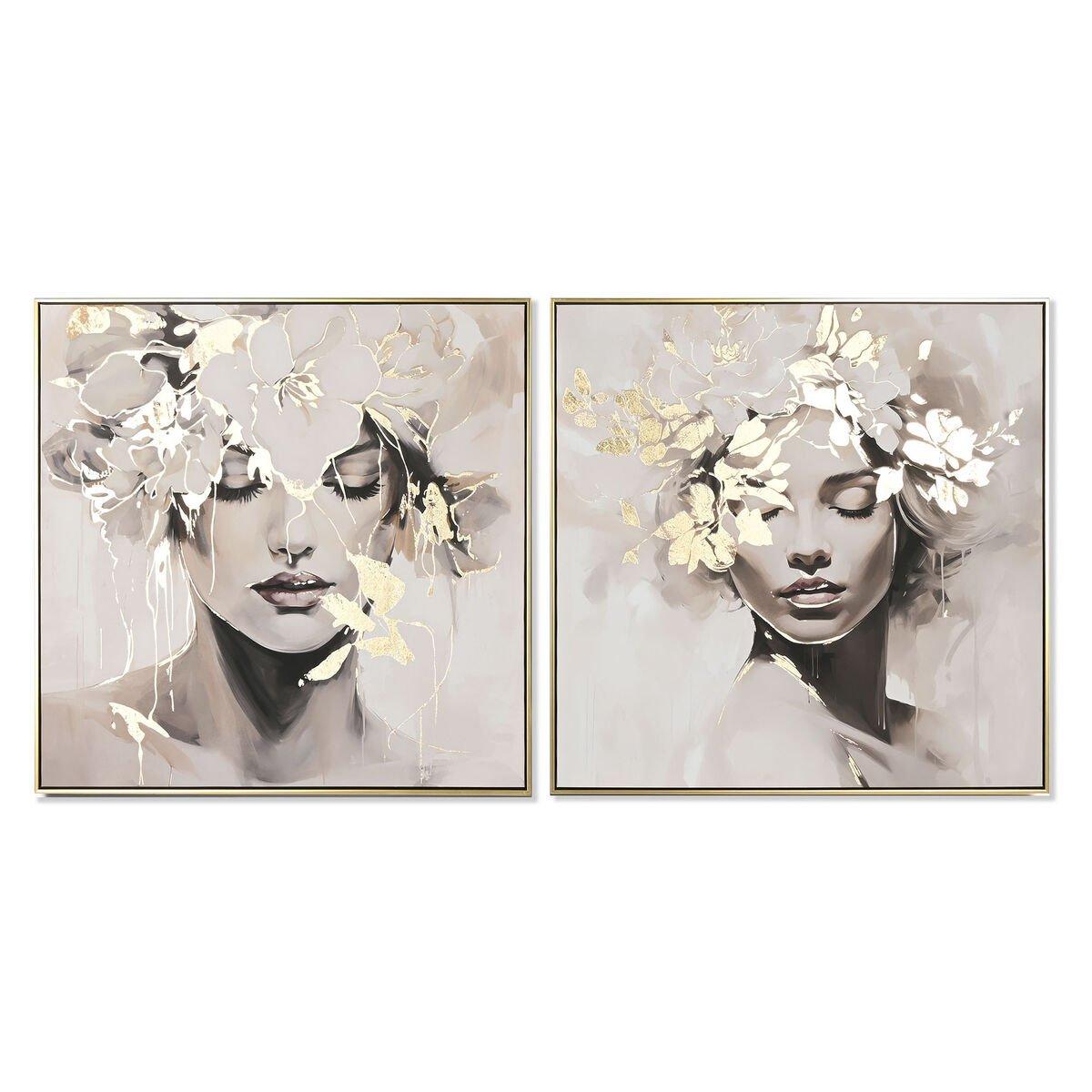 Lienzo Home ESPRIT Blanco Beige Dorado Flores 82,3 x 4,5 x 82,3 cm 82,5 x 4,5 x 82 cm 82,5 x 3,7 x 82 cm (2 Unidades)