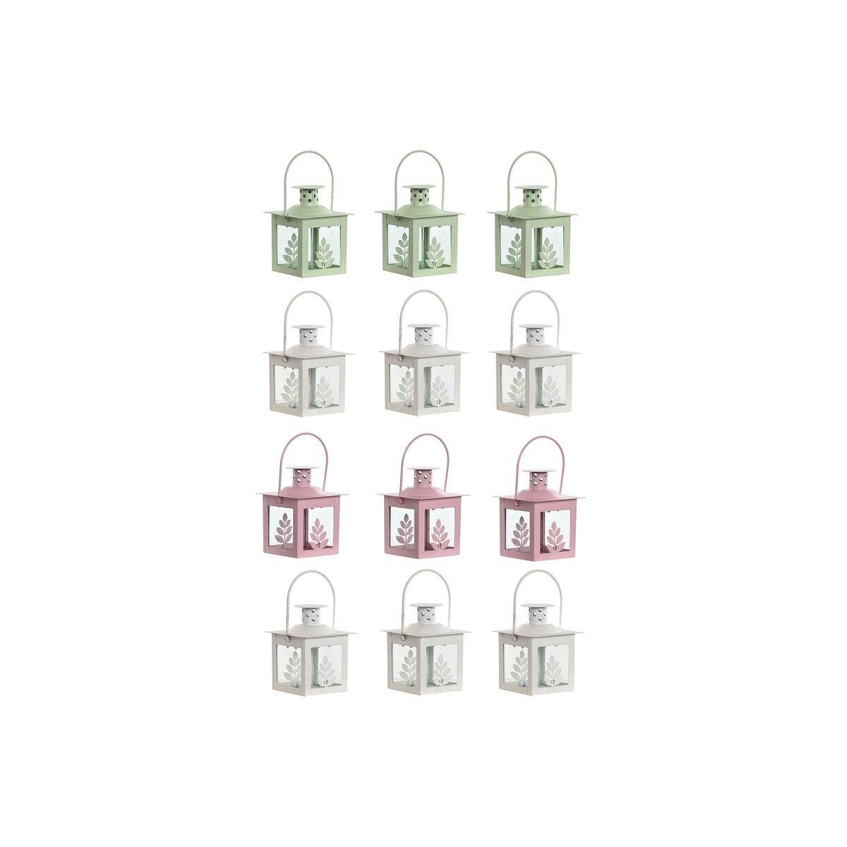 Set de faroles Home ESPRIT Blanco Verde Rosa Cristal Hierro Shabby Chic 7 x 7 x 10 cm (3 Piezas) (4 Unidades)