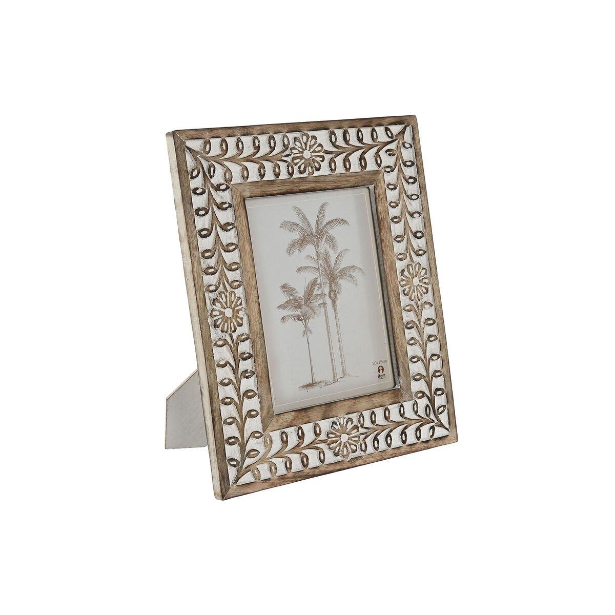 Marco de Fotos Home ESPRIT Blanco Natural Cristal Madera de mango Flor Indio 26,5 x 2 x 31,5 cm