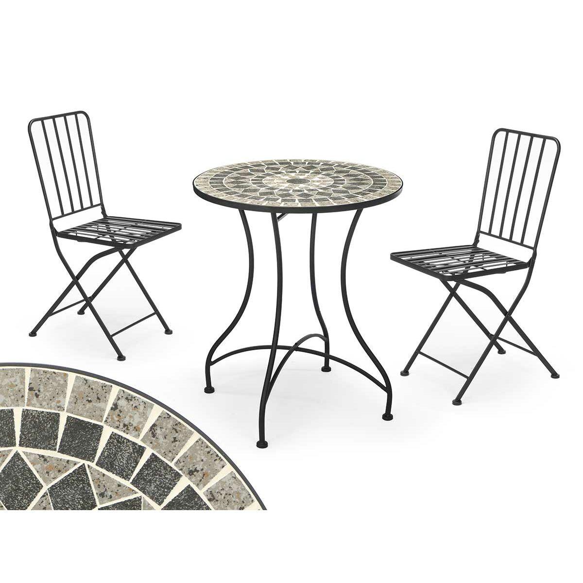 Mesa con 2 sillas Ibergarden Mosaico-Forja Negro Gris 100 x 30 x 65 cm