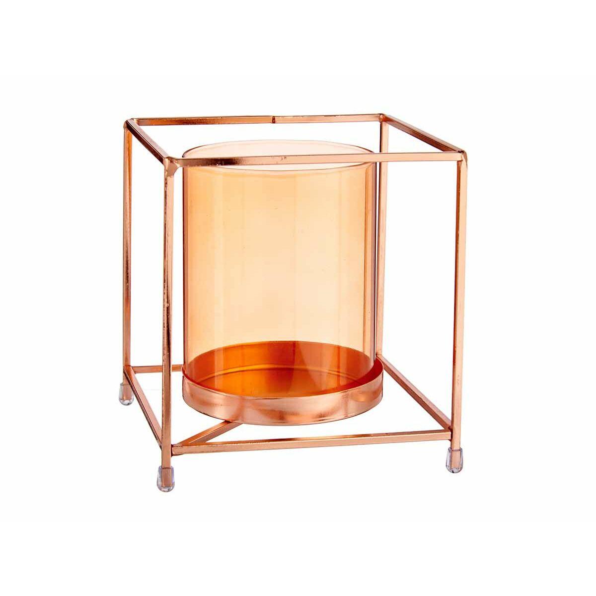 Portavelas Gift Decor Cobre Ambar Dorado Metal Vidrio 14 x 15,5 x 14 cm Cuadrado
