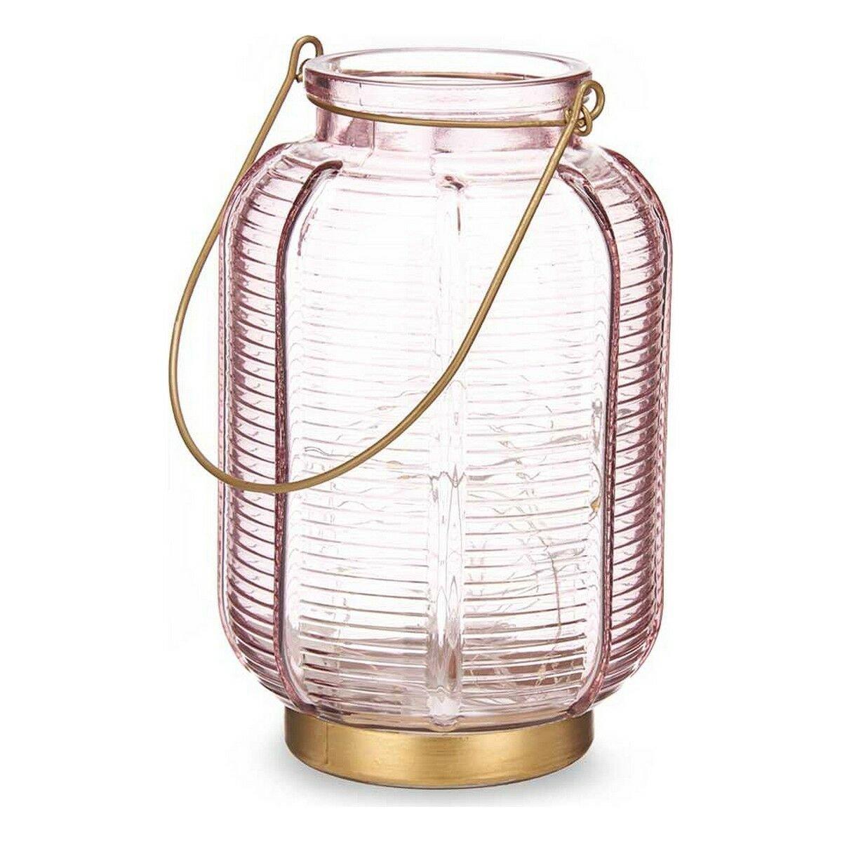 Farol LED Gift Decor Rosa Dorado Vidrio Rayas 13,5 x 22 x 13,5 cm