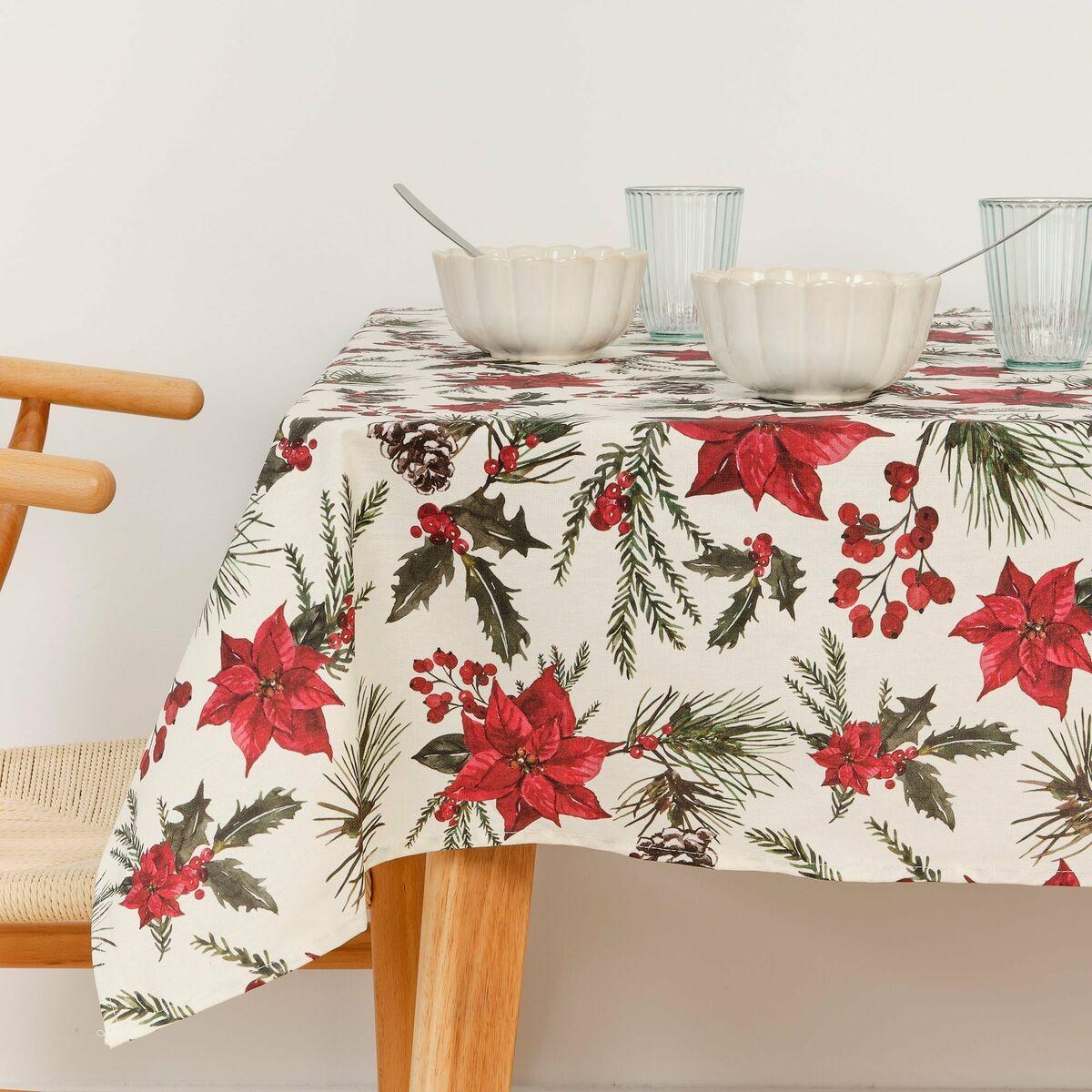 Mantel resinado antimanchas Belum Christmas Flowers Rojo Verde Natural 150 x 150 cm
