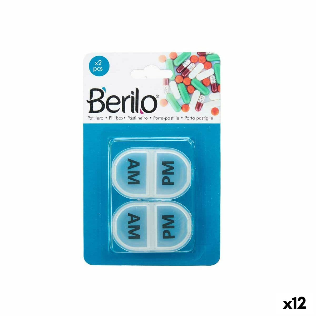 Pastillero con Compartimentos Berilo Transparente Plástico 11,5 x 18 x 2,2 cm Set (12 Unidades)