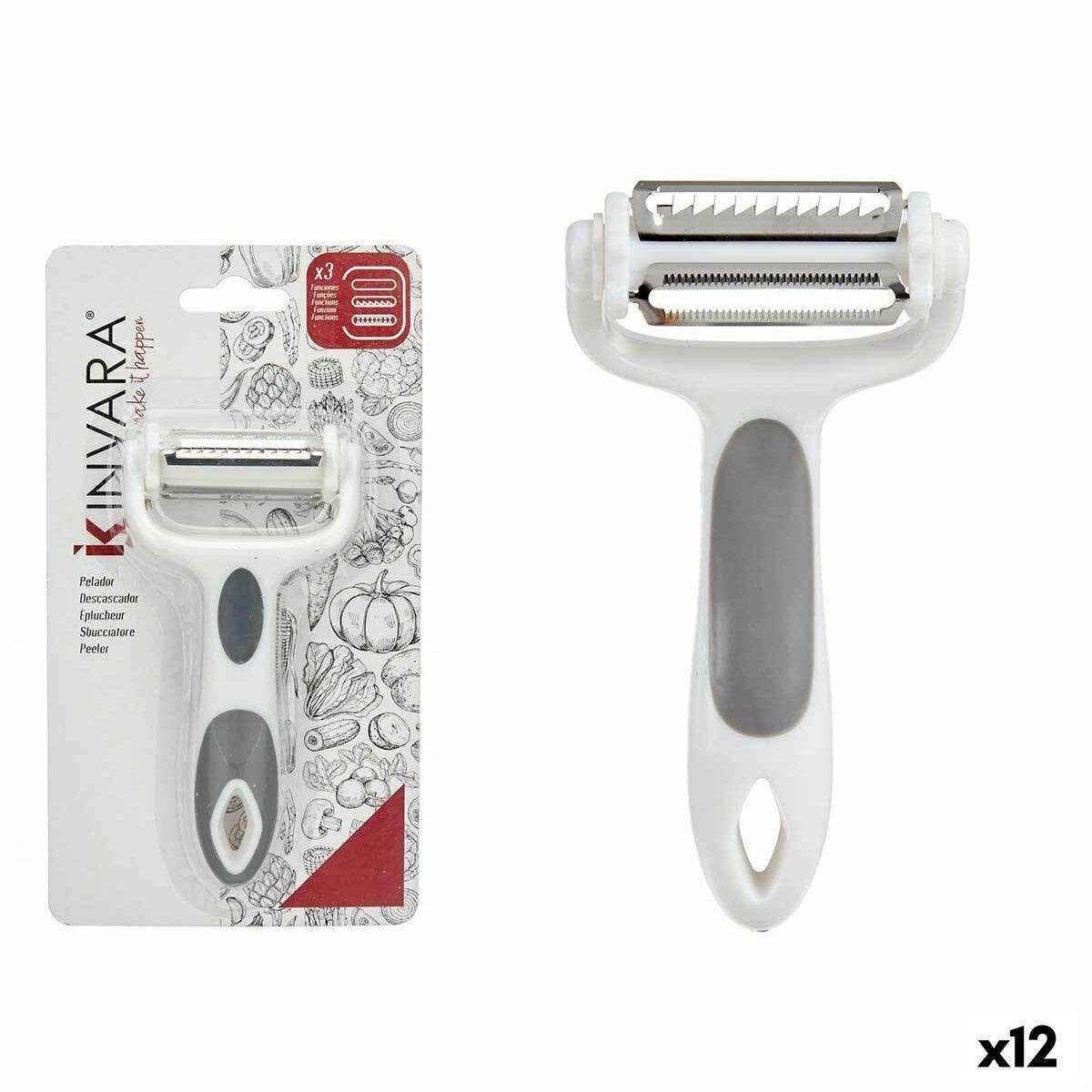 Pelador Kinvara Blanco Gris Acero Inoxidable Polipropileno TPR 12 x 3 x 22 cm 3 en 1 (12 Unidades)