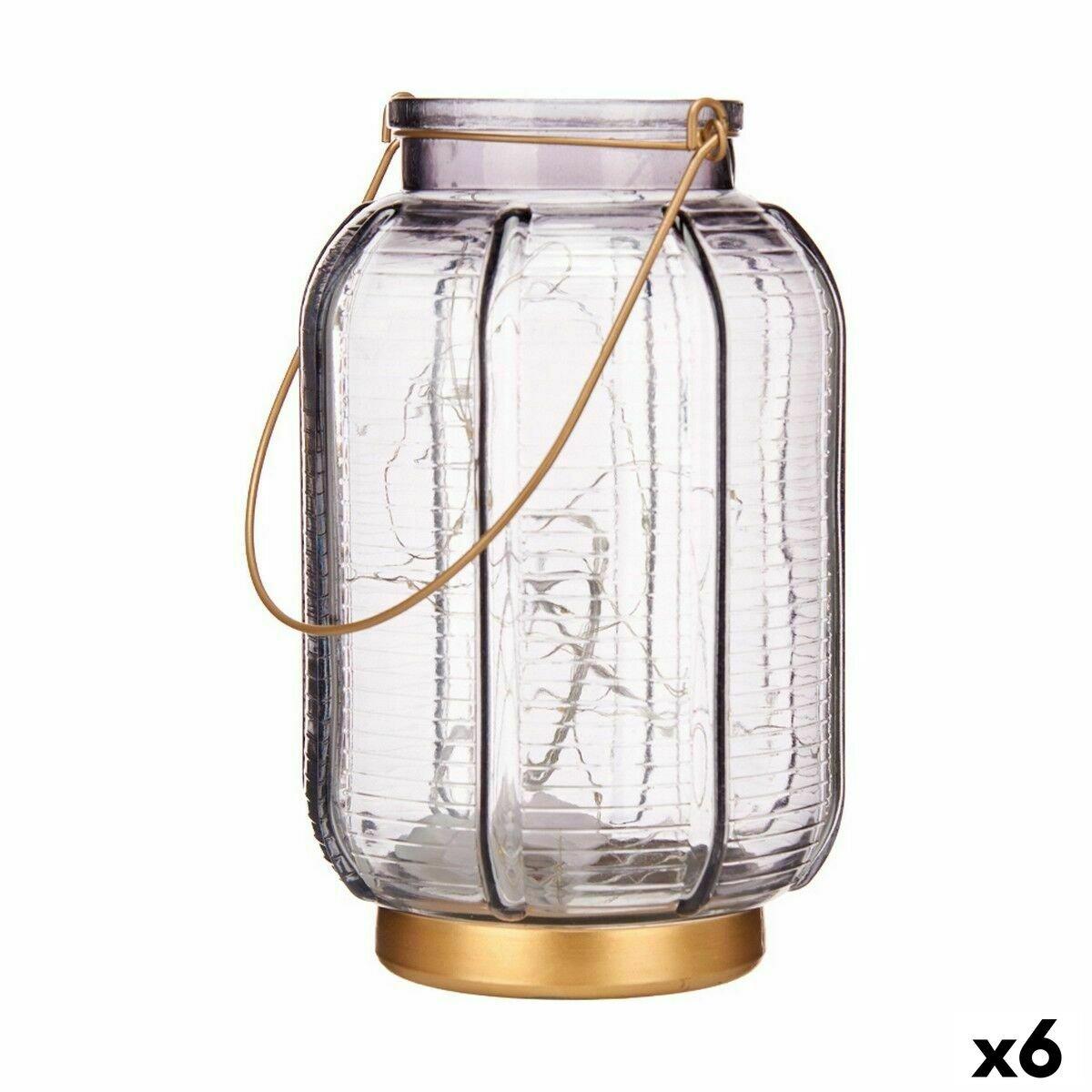 Farol LED Gift Decor Gris Dorado Vidrio Rayas 14 x 22 x 14 cm 13,5 x 22 x 13,5 cm (6 Unidades)