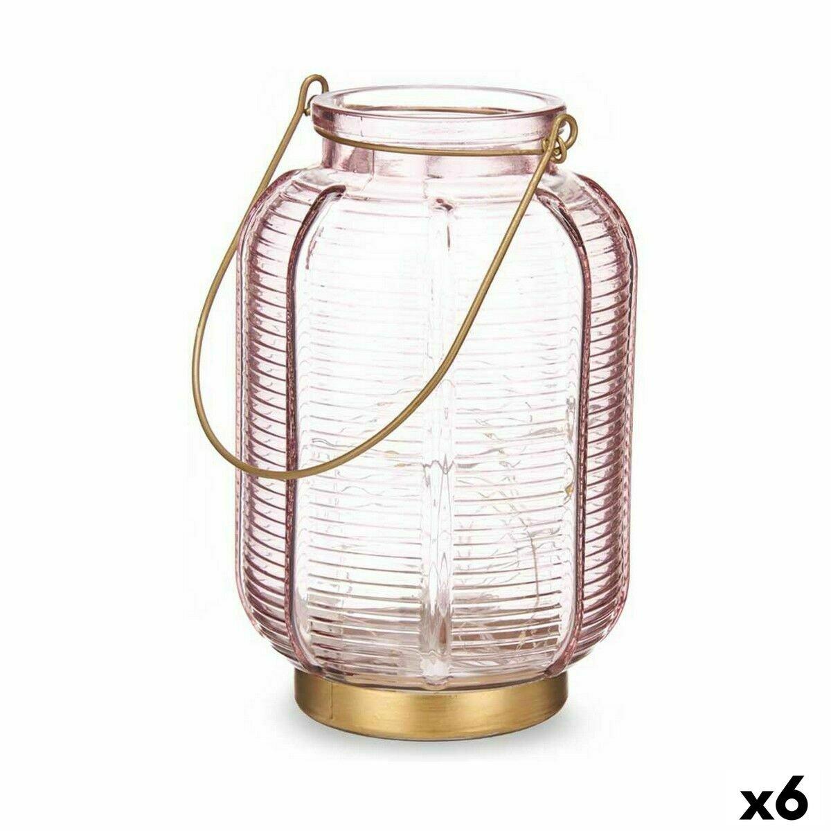Farol LED Gift Decor Rosa Dorado Vidrio Rayas 13,5 x 22 x 13,5 cm (6 Unidades)