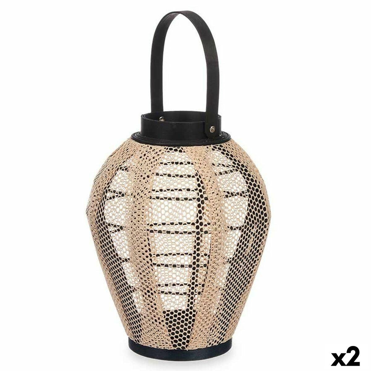 Farol Gift Decor Negro Beige Madera Tela Vidrio Farol 25 x 30 x 25 cm Con asa (2 Unidades)