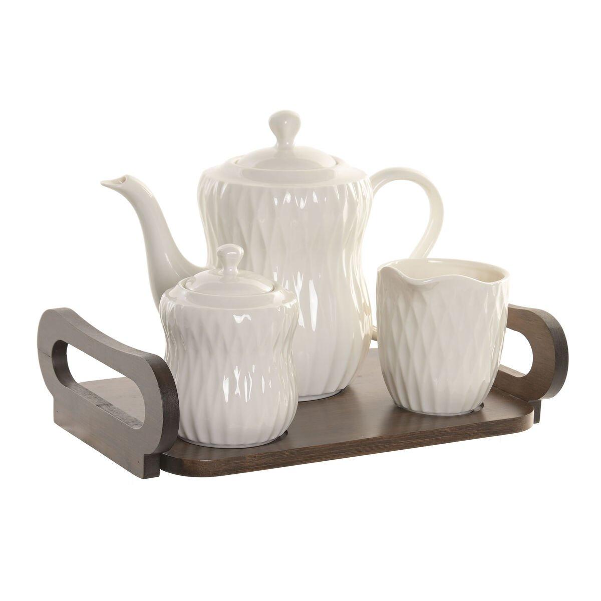 Juego de Tetera Home ESPRIT Blanco Marrón oscuro Bambú Porcelana