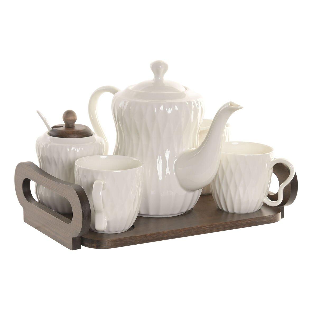 Juego de Tazas de Café Home ESPRIT Blanco Marrón oscuro Bambú Porcelana 240 ml 6 Piezas