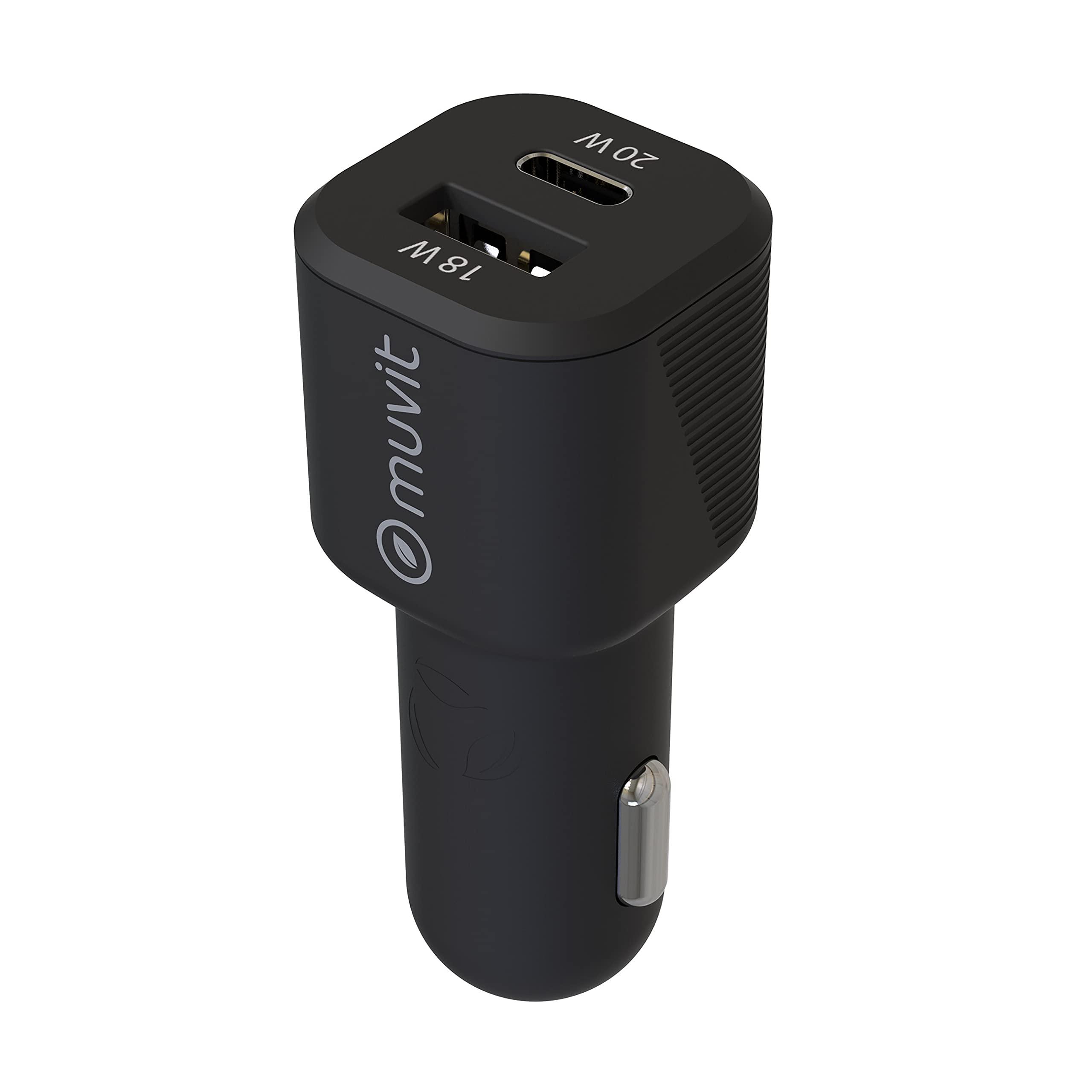 muvit for change cargador coche 1 USB QC 3.0 18W+1 Tipo C PD 20W negro