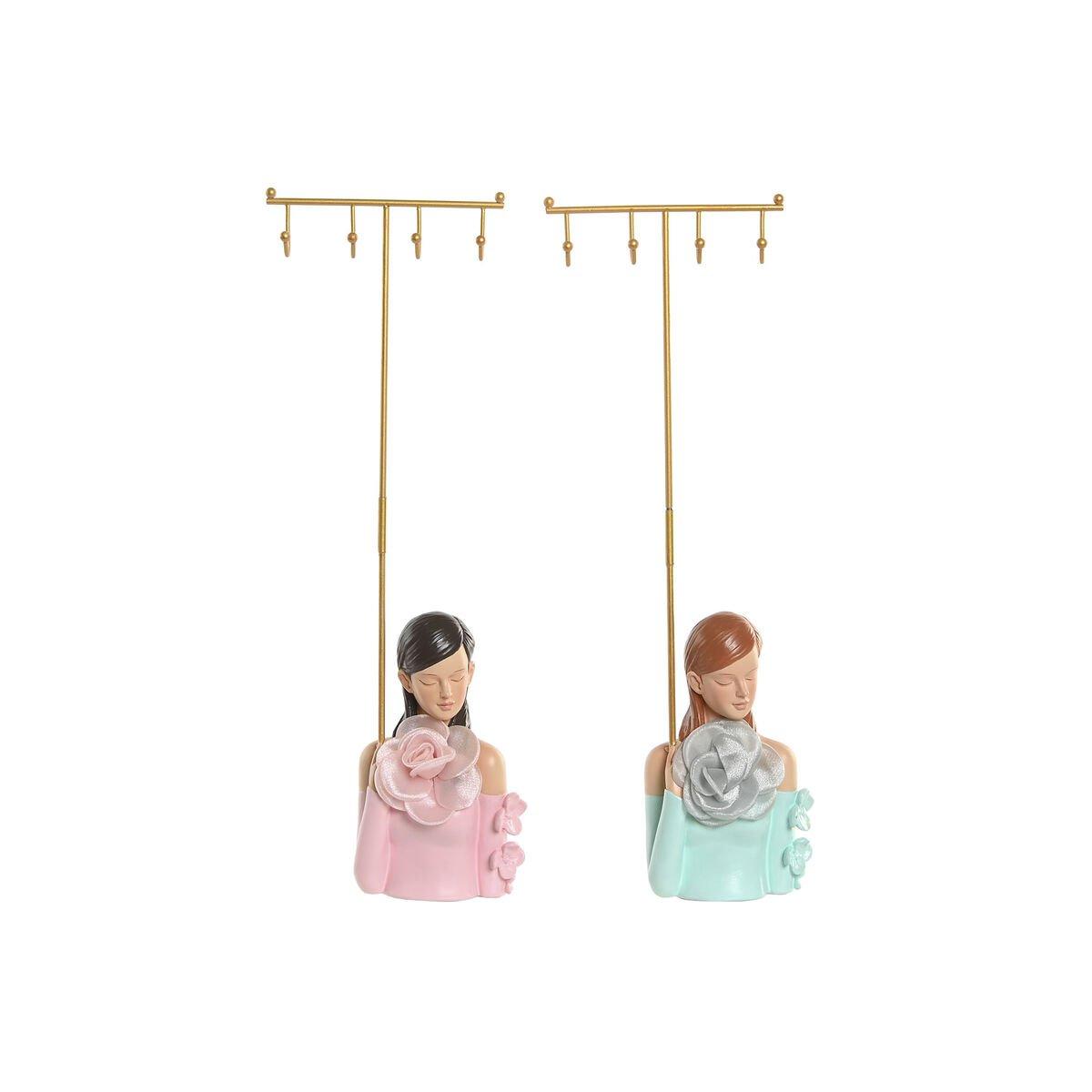 Joyero de Pie Home ESPRIT Verde Rosa Resina 14 x 6 x 36 cm (2 Unidades)