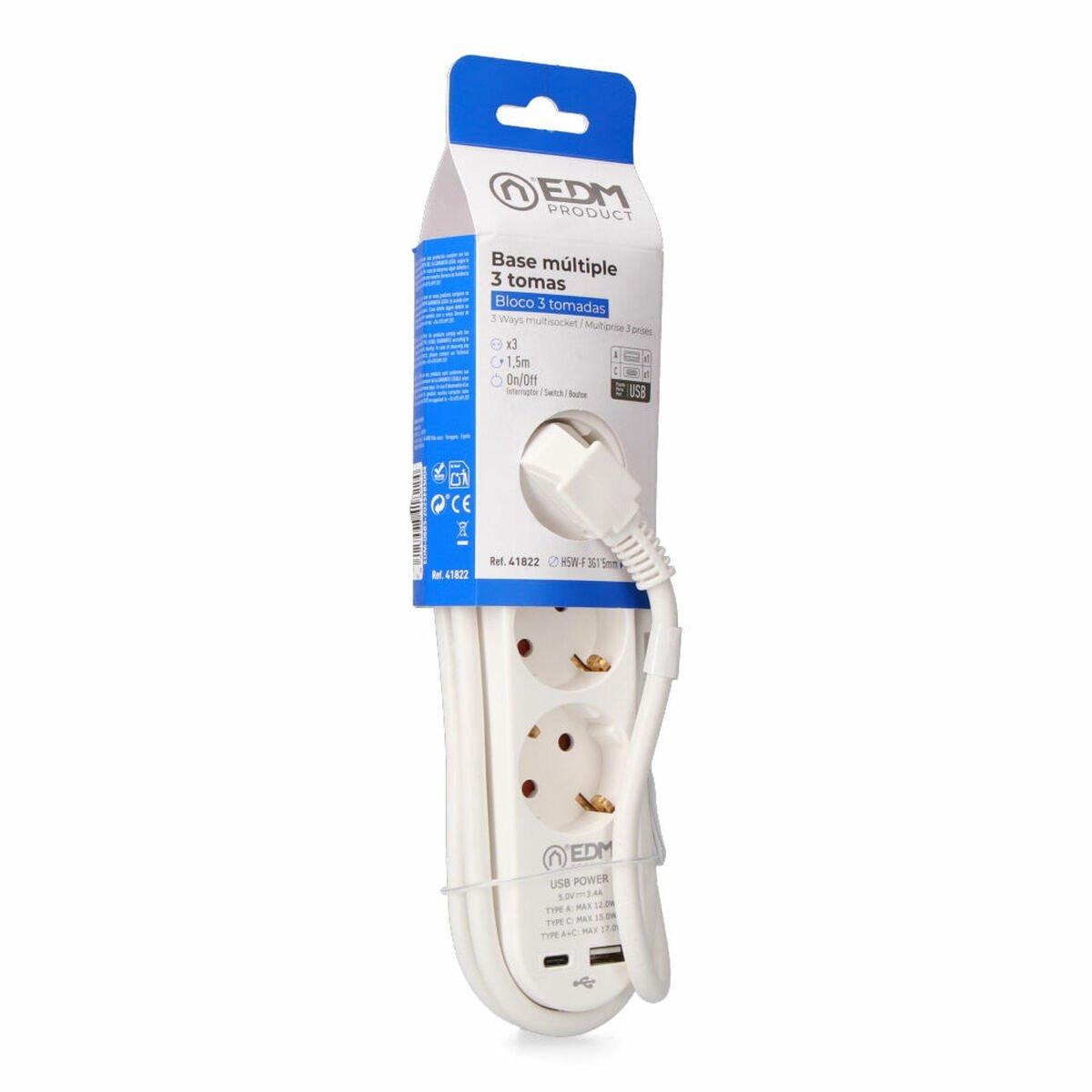 Regleta Enchufes 3 Tomas con Interruptor EDM 41822 Blanco 3680 W 250 V 30 W (1,5 m)