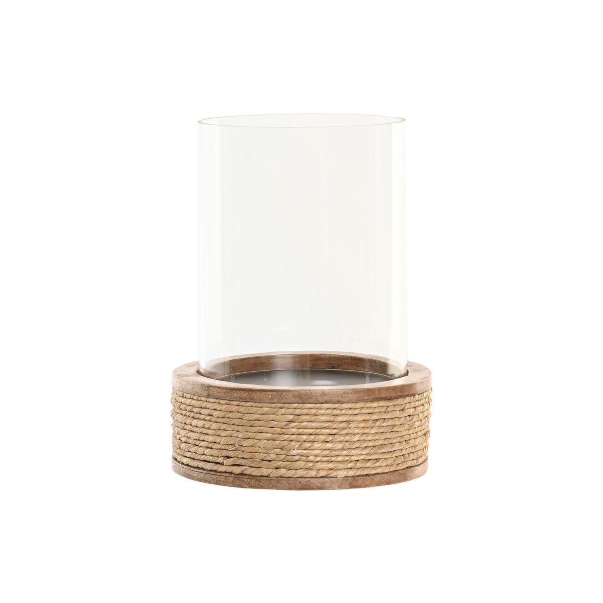 Portavelas Home ESPRIT Marrón Natural Cristal Cuerda Madera de mango
