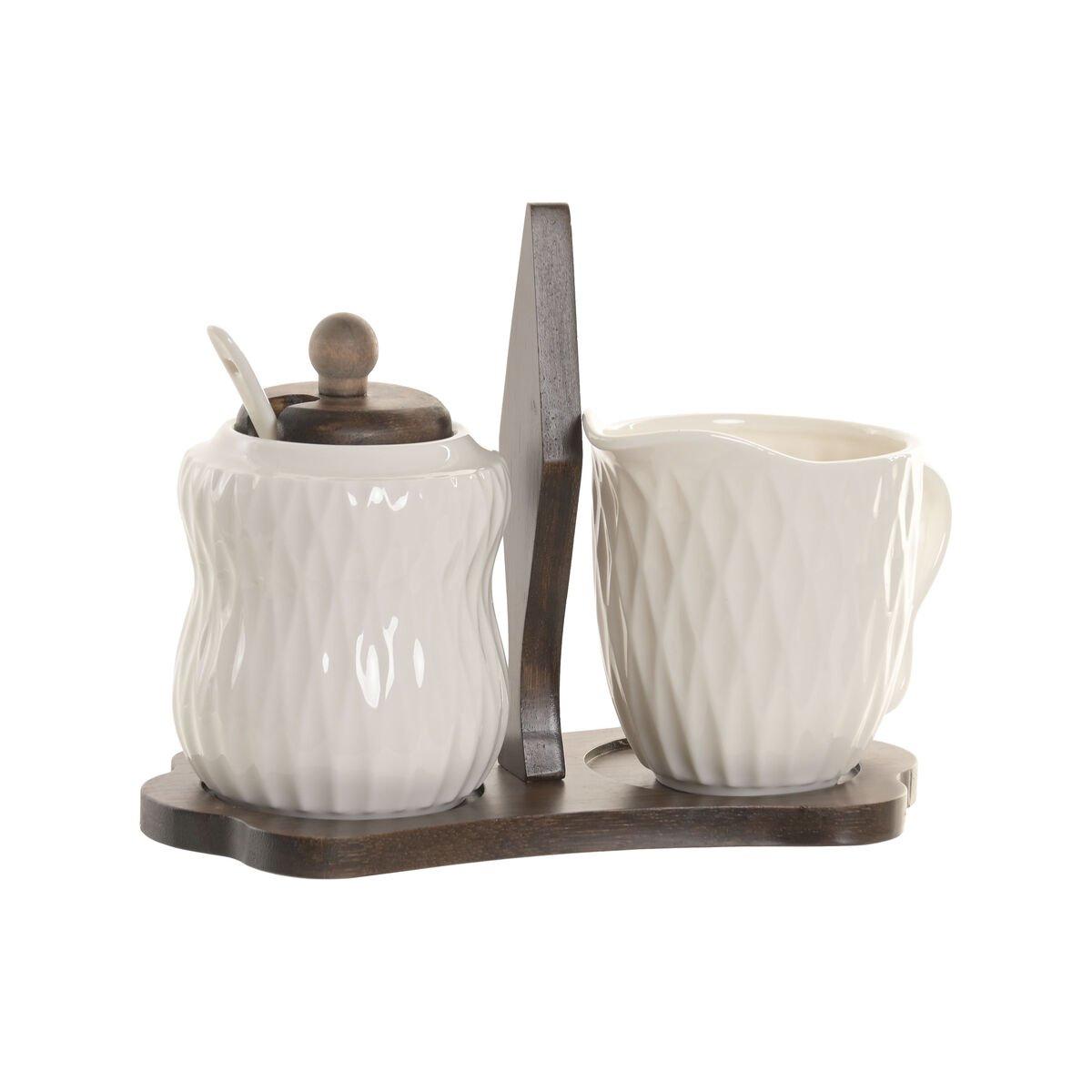 Azucarero Home ESPRIT Blanco Marrón oscuro Bambú Porcelana 19,5 X 9 X 15 CM 2 Piezas
