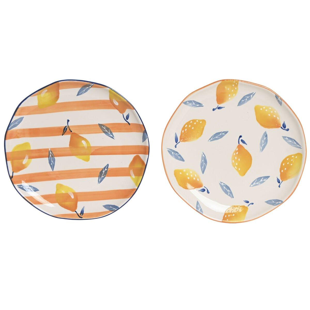 Plato Llano Home ESPRIT Amarillo Azul Blanco Naranja Gres Limón Mediterráneo 27 X 27 X 2,7 CM (2 Unidades)