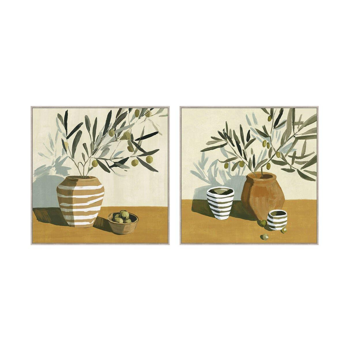 Lienzo Home ESPRIT Verde Beige Árbol Mediterráneo Jarrón Con relieve 100 x 4 x 100 cm (2 Unidades)